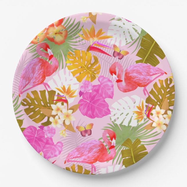 Flamingo Garden Pink Paper Plates (Front)