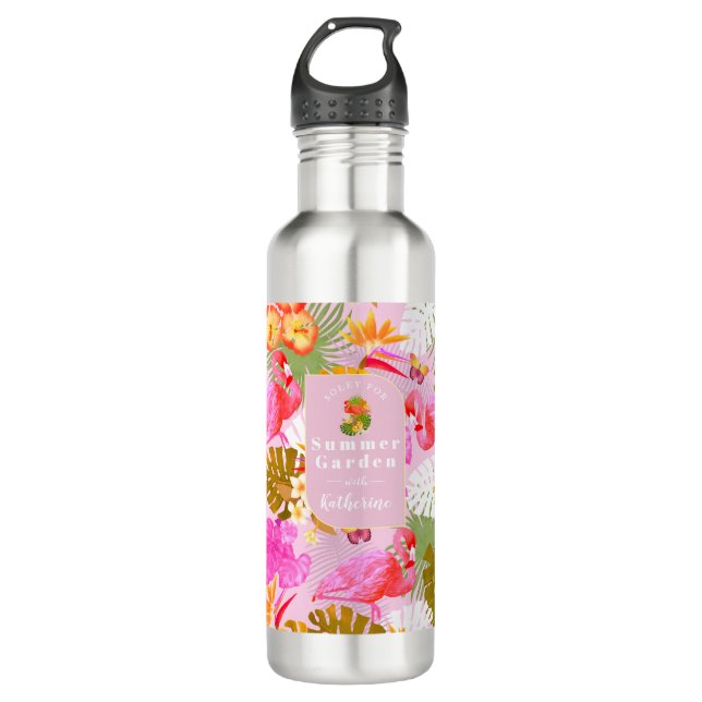 Flamingo Garden Pink Stainless Steel Water Bottle (Front)