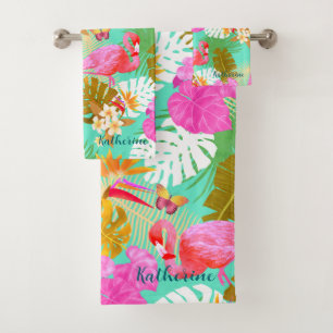 Flamingo Garden Teal Bath Towel Set