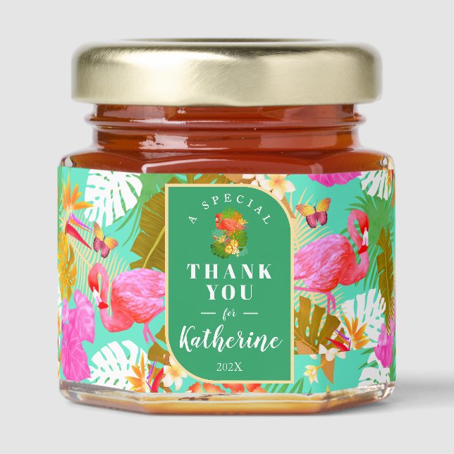 Flamingo Garden Teal Honey Jar Favors (Front)
