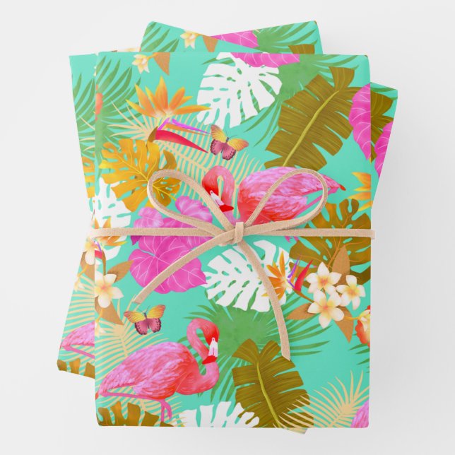 Flamingo Garden Teal Wrapping Paper Sheets (In situ)