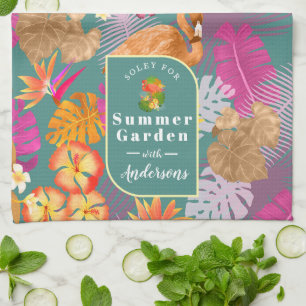 Flamingo Garden Turquoise Kitchen Towel