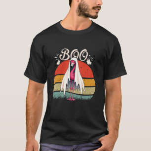 Flamingo Ghost Boo Pink Sunset Retro Halloween Bir T-Shirt