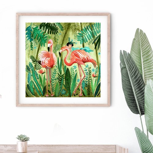 Flamingo Girl in the tropical jungle Poster
