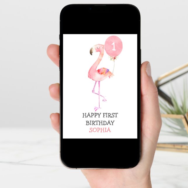 Flamingo Girl Pink First Birthday 1st Birthday Card (Front Digital)