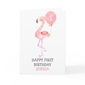 Flamingo Girl Pink First Birthday 1st Birthday Card
