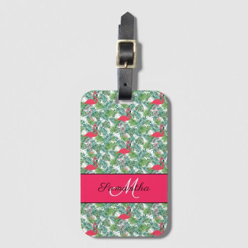 Flamingo Girly Pink Tropical Monogram Luggage Tag