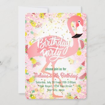 Flamingo Girly Summer Kids Birthday Party Invitation by paesaggi at Zazzle