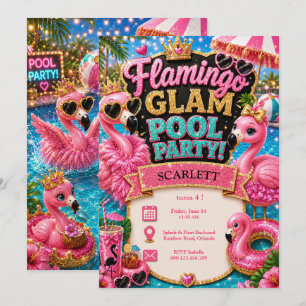Flamingo Glam Pool Party Birthday - Pink Glitter Invitation
