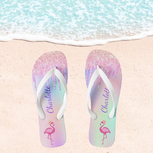 Flamingo glitter tropical name pink holographic flip flops (Creator Uploaded)