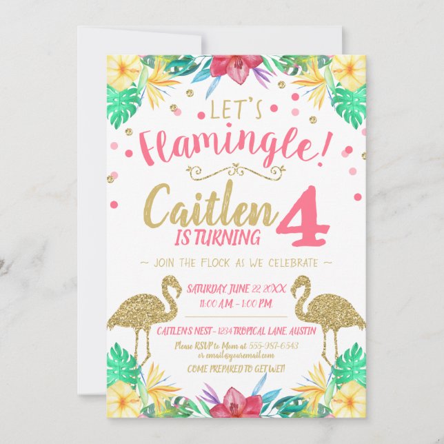 Flamingo Gold Glitter and Pink Birthday Invitation (Front)