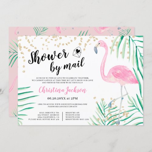 Flamingo gold glitter watercolor shower by mail invitation