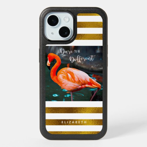 Flamingo Gold White Stripes Dare To Be Different iPhone 15 Case