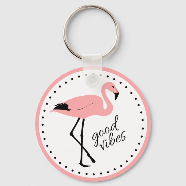 Flamingo Good Vibes Pink Black Cute Keychain (Front)
