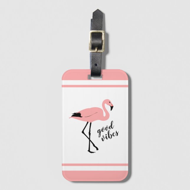 Flamingo Good Vibes Pink Black Cute Luggage Tag (Front Vertical)