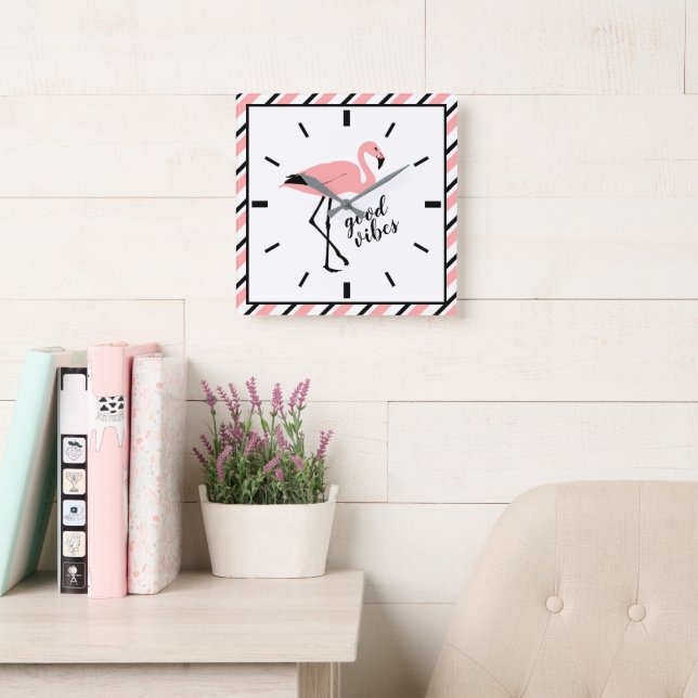 Flamingo Good Vibes Pink Black Square Wall Clock (Reading Room)