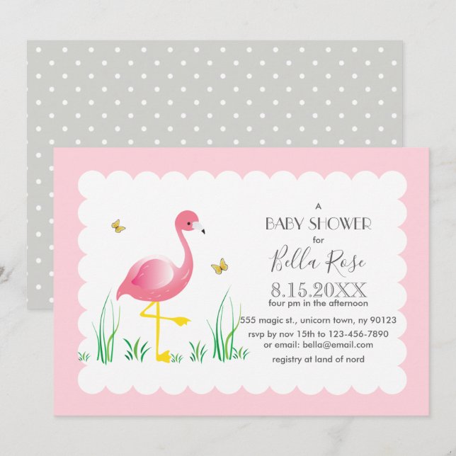 Flamingo Grey Polka Dots Baby Shower Invite (Front/Back)