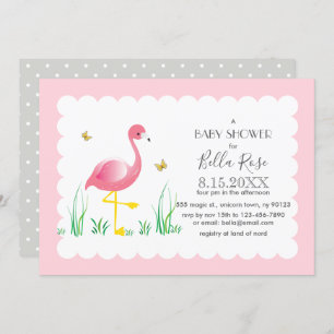 Flamingo Grey Polka Dots Baby Shower Invite