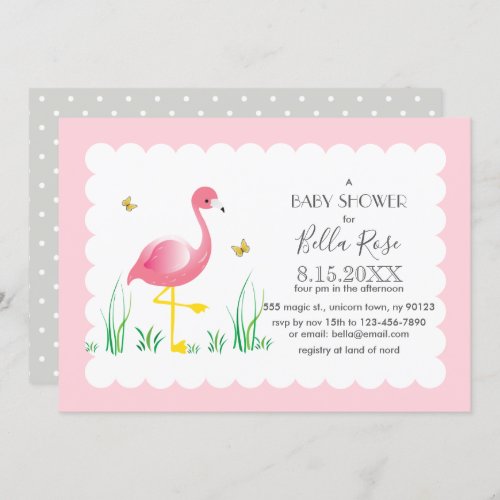 Flamingo Grey Polka Dots Baby Shower Invite