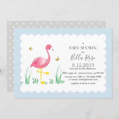 Flamingo Grey Polka Dots Baby Shower Invite