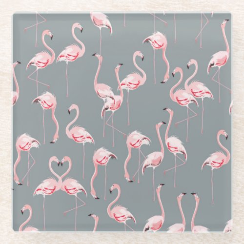 Flamingo Grey Vintage Seamless Pattern Glass Coaster
