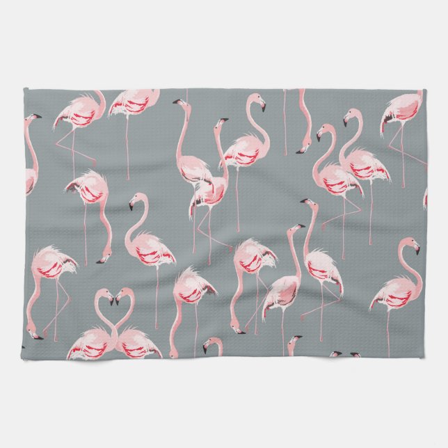 Flamingo Grey: Vintage Seamless Pattern. Kitchen Towel (Horizontal)