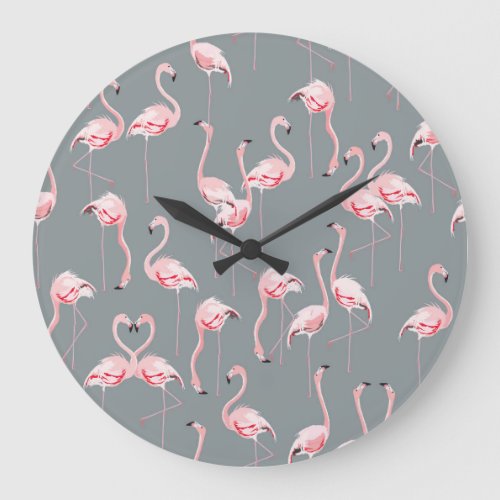 Flamingo Grey Vintage Seamless Pattern Large Clock