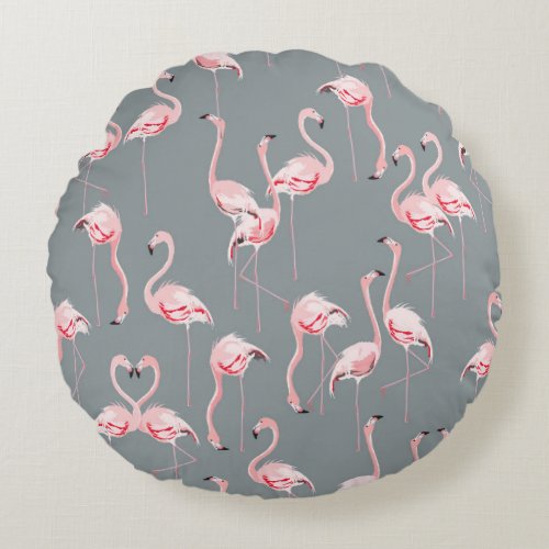 Flamingo Grey Vintage Seamless Pattern Round Pillow