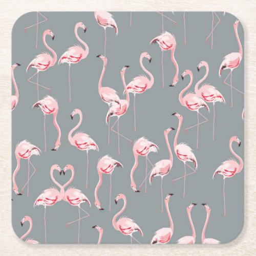 Flamingo Grey Vintage Seamless Pattern Square Paper Coaster
