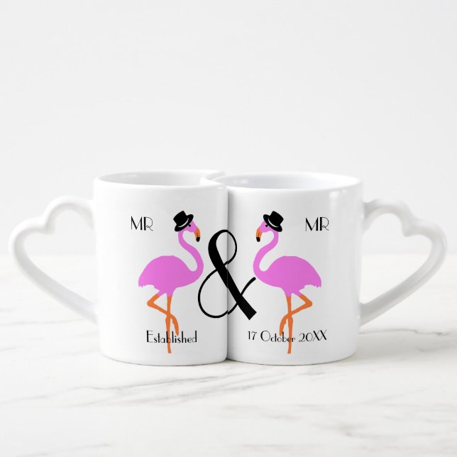 Flamingo Grooms Mr & Mr Personalized Wedding Coffee Mug Set (Back Nesting)