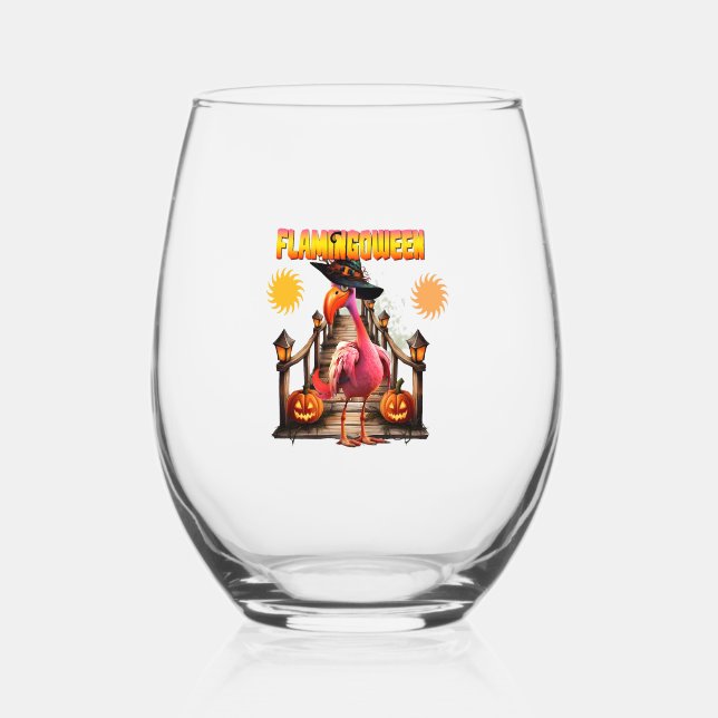 Flamingo Halloween Stemless Wine Glass (Front)
