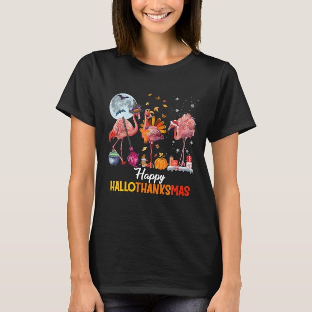 Flamingo Halloween Thanksgiving And Merry T-Shirt (Front)