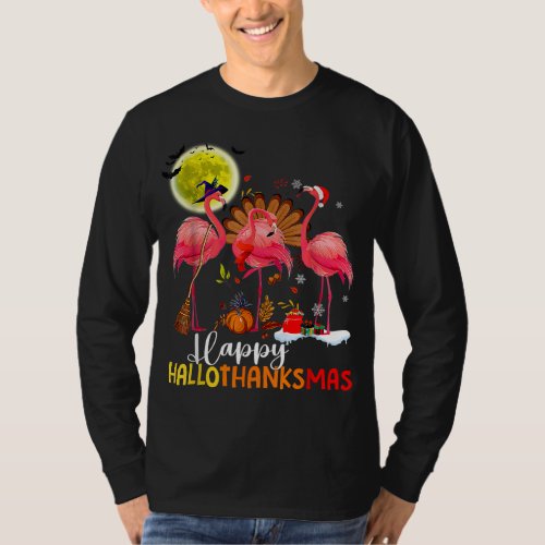 Flamingo Happy HalloThanksmas Funny Halloween Than T_Shirt