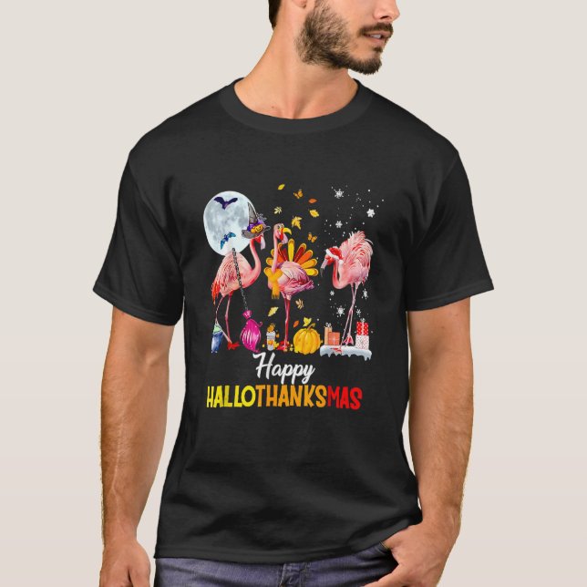 Flamingo Happy HalloThanksmas Halloween Thanksgivi T-Shirt (Front)