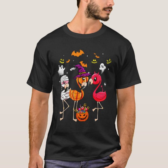 Flamingo Happy Halloween Pumpkin Mummy Witch T-Shirt (Front)
