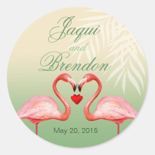 Flamingo Heart Kiss Wedding Favor  jade Classic Round Sticker