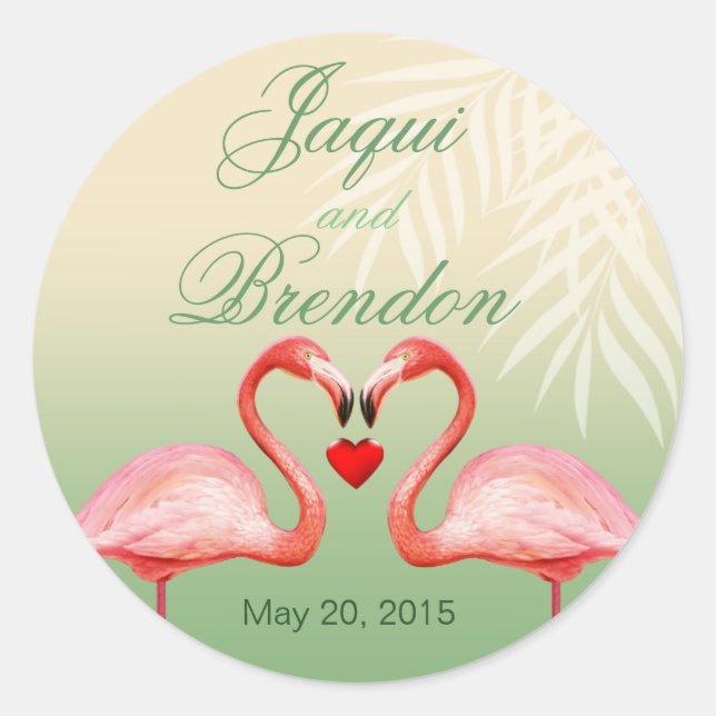 Flamingo Heart Kiss Wedding Favor | jade Classic Round Sticker (Front)