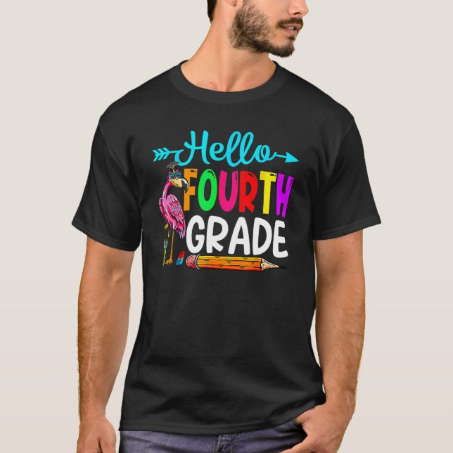 Flamingo Hello 4th Grade Back To School Teacher St T-Shirt (Front)