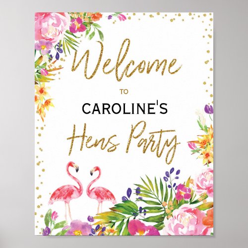 Flamingo Hens Party Tropical Floral Welcome Sign
