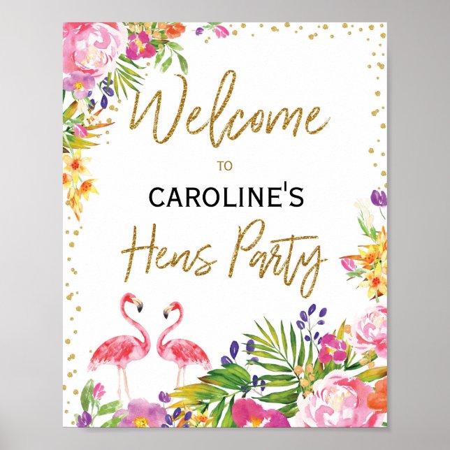 Flamingo Hens Party Tropical Floral Welcome Sign (Front)