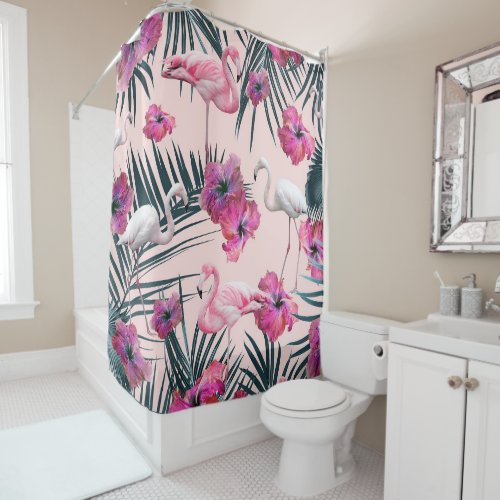 Flamingo Hibiscus Jungle Siesta 2 tropical Shower Curtain
