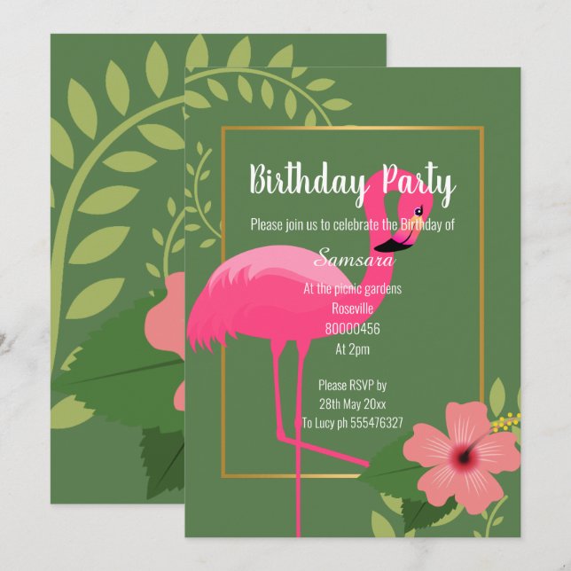 FLAMINGO HIBISCUS SAGE GREEN GOLD BIRTHDAY INVITATION (Front/Back)