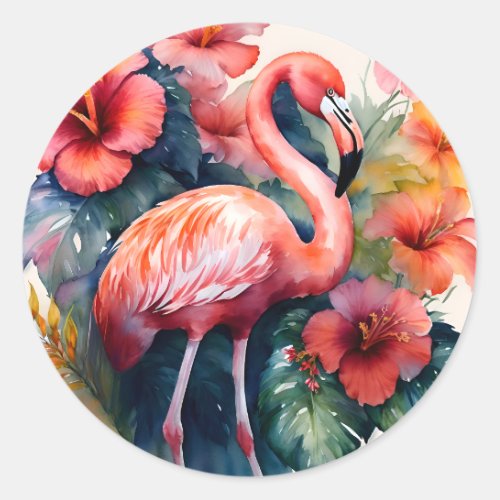 Flamingo Hibiscus Watercolor Art Classic Round Sticker
