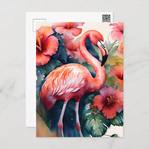 Flamingo Hibiscus Watercolor Art Postcard