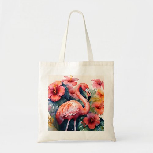 Flamingo Hibiscus Watercolor Tropical Art Tote Bag