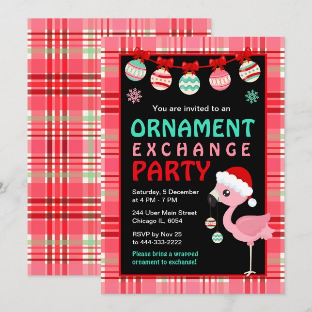 Flamingo Holiday Ornament Exchange Party Invitation (Front/Back)
