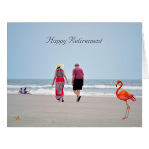 Flamingo & Holidays on a Beach Happy Retirement Cards