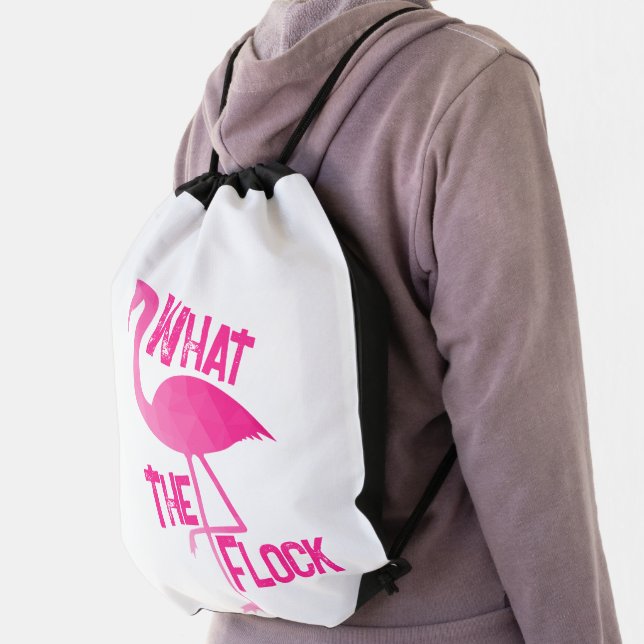 Flamingo hot pink geometric what the flock drawstring bag (Insitu)