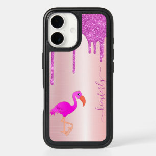 Flamingo hot pink glitter drips monogram iPhone 16 case