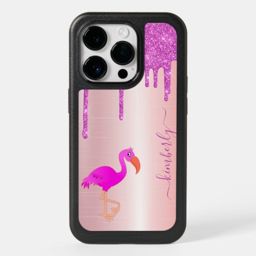 Flamingo hot pink glitter drips monogram OtterBox iPhone 14 pro case